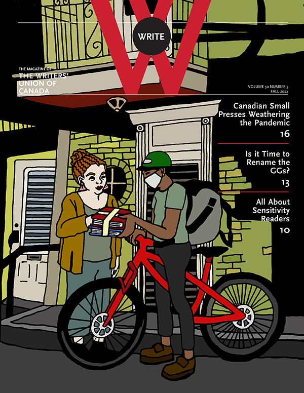Cover image featuring a bike courier delivering books to a person outside their home. Illustration by Nora Kelly.