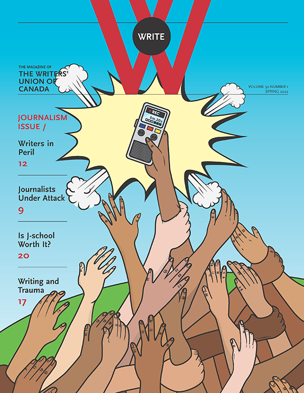 Cover illustration for Write Spring 2022 issue showing a mountain of arms all reaching for a voice recorder.