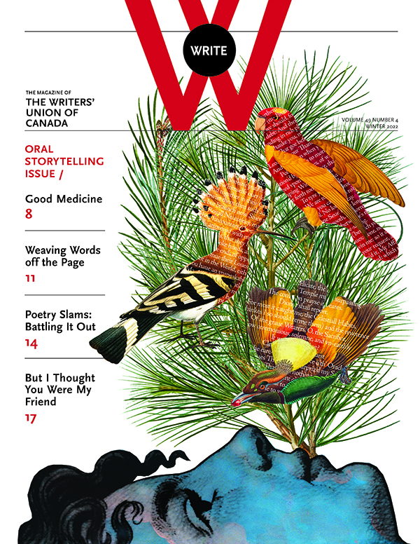 Cover image of the winter 2022 issue featuring a drawing of a woman's face, shaded with blue clouds. Pine branches emerge from her mouth, among which nest colourful birds adorned with the pages of books.