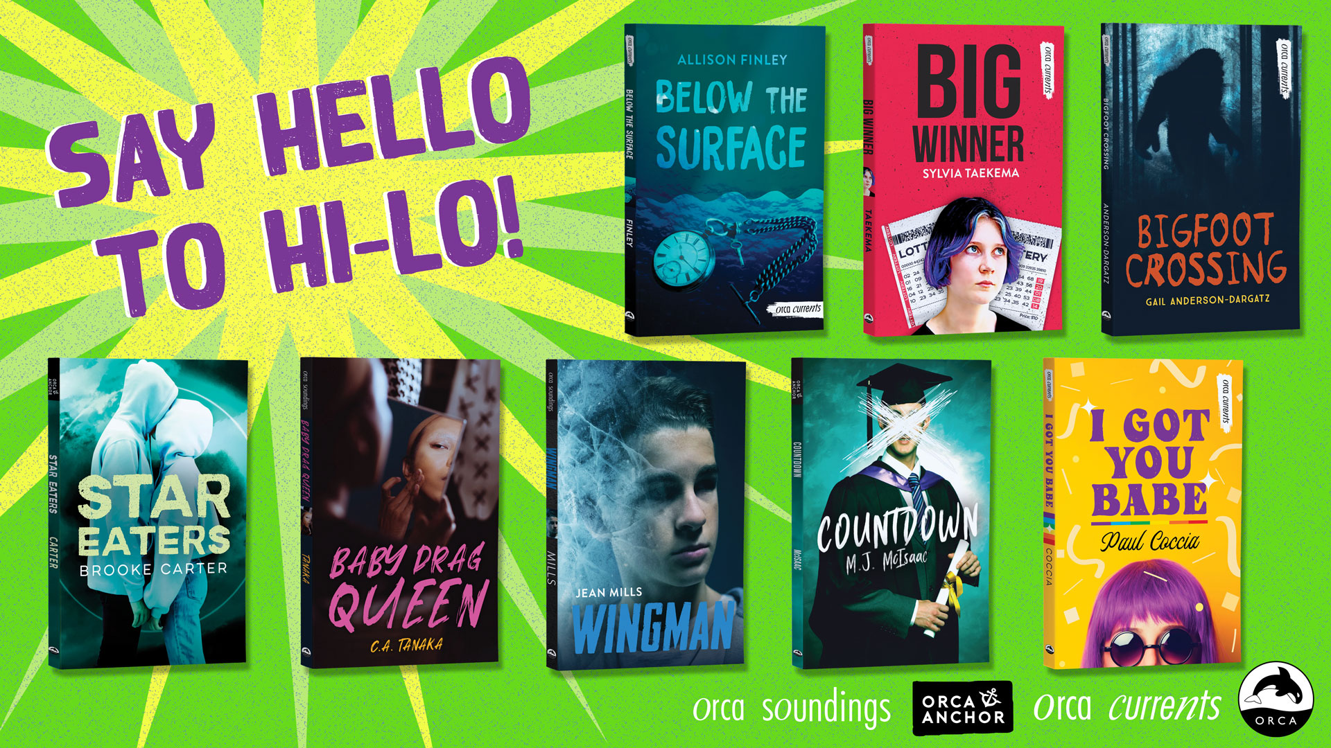 Green background with Say Hello To Hi-Lo in Purple with a yellow sunburst. 8 book covers.