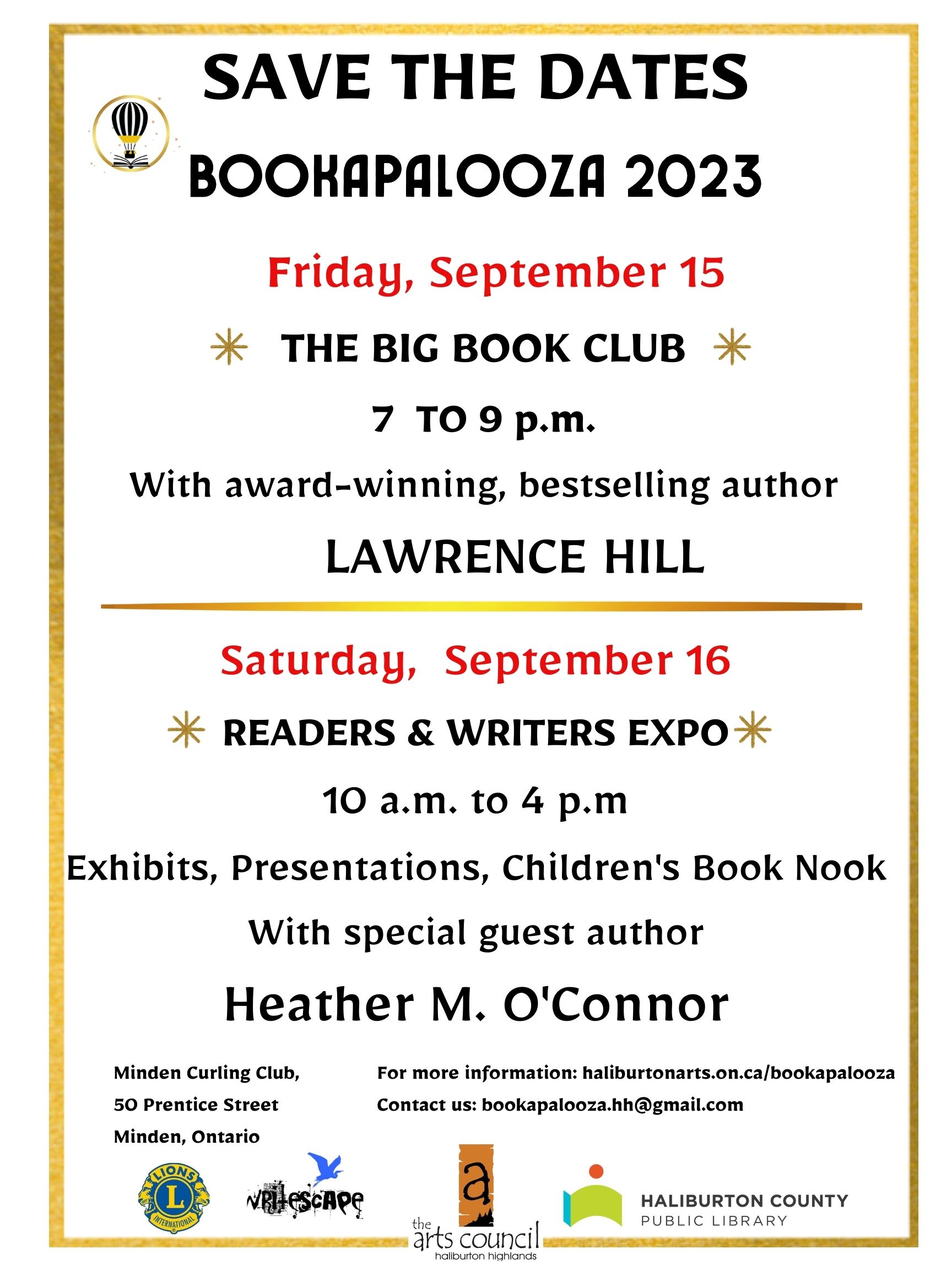 Flyer detailing Bookapalooza two-day event in Haliburton Highlands September 2023
