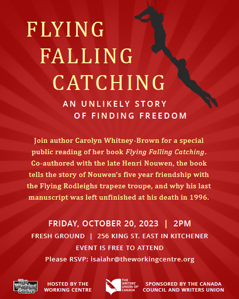 Trapeze artists on red background with details about the book and reading event