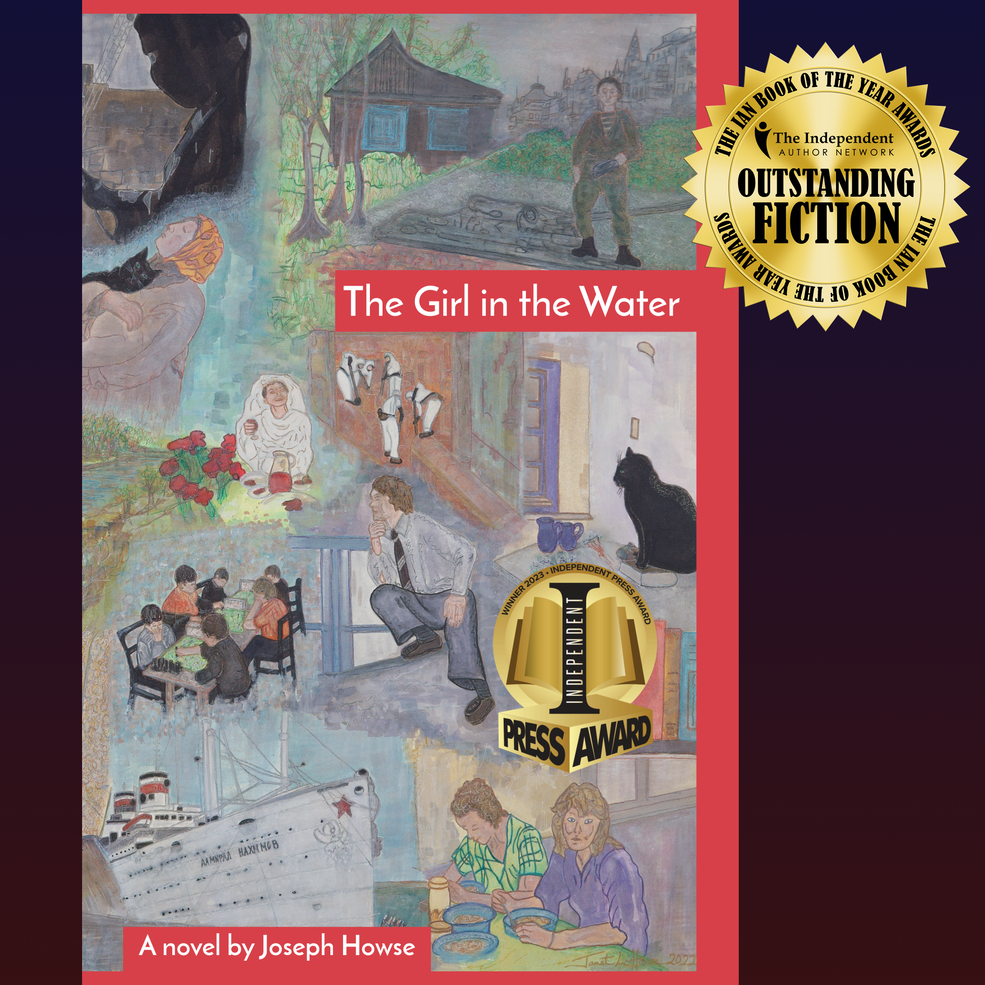 Book cover of The Girl in the Water, a novel by Joseph Howse, with its badge as an IAN Awards Outstanding Fiction category winner