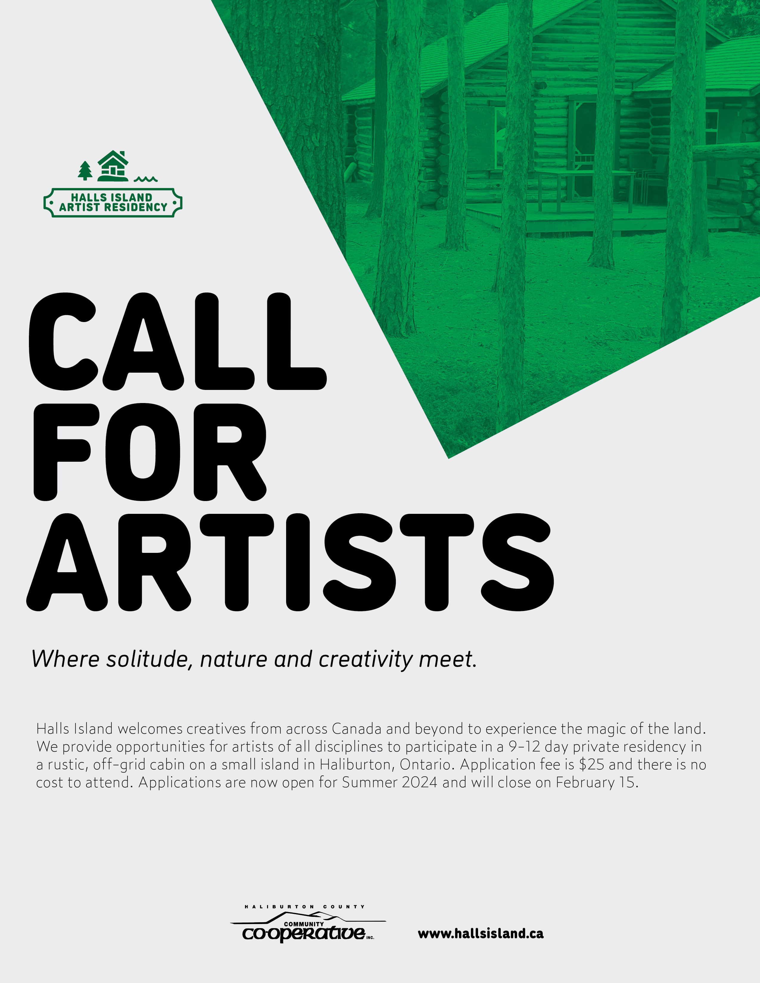 Call for Artists poster with cabin image in the background